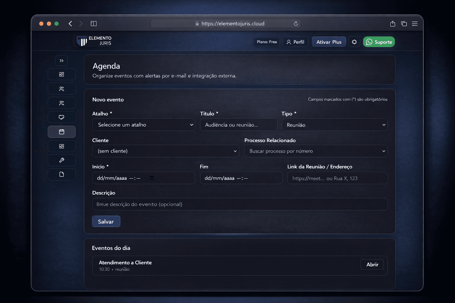 Tela de agenda do Elemento Juris