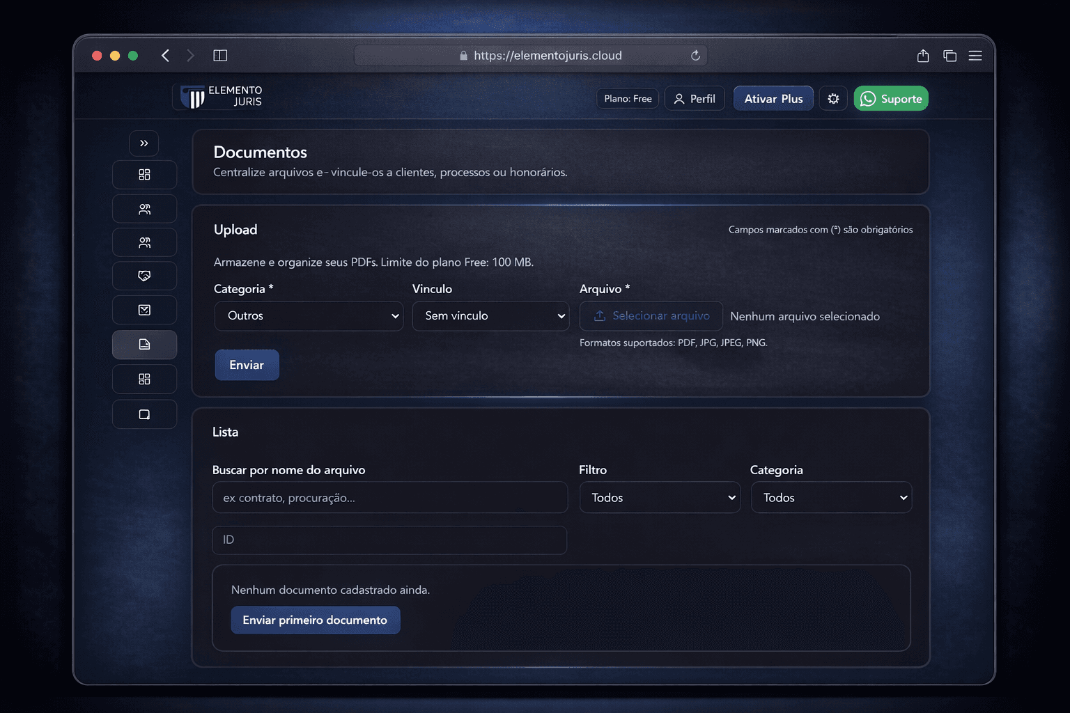 Tela de documentos do Elemento Juris