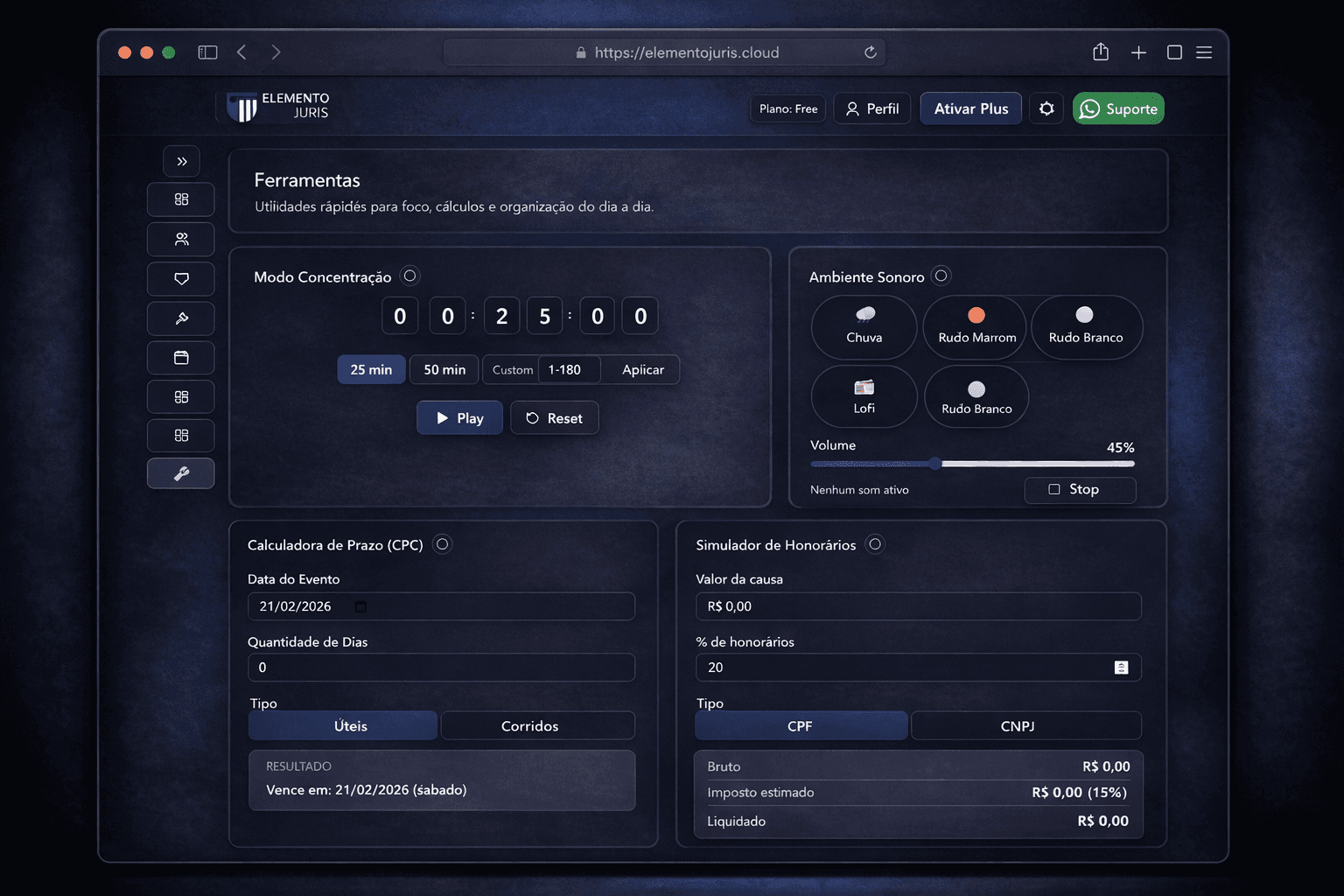 Tela de ferramentas do Elemento Juris