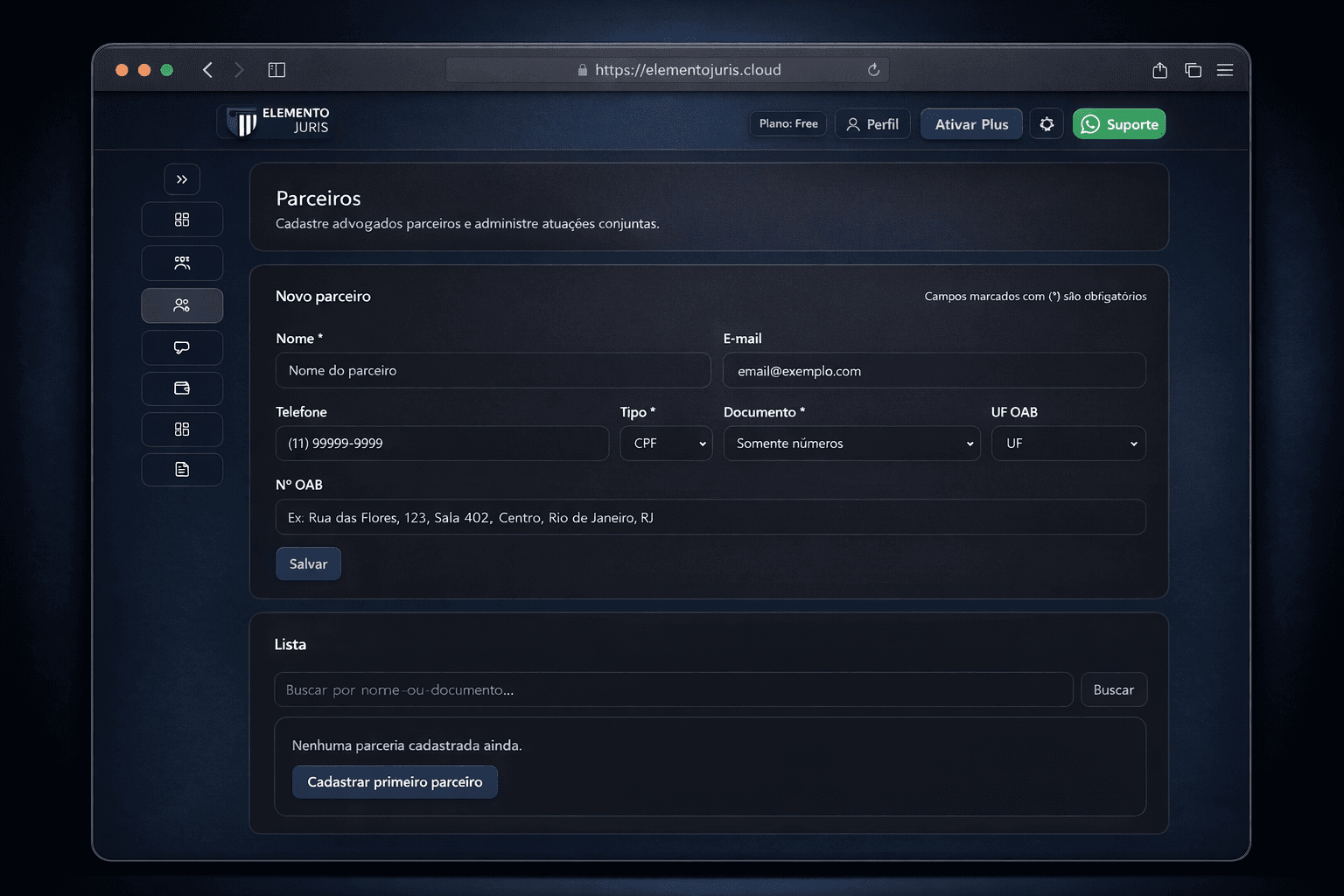 Tela de parcerias do Elemento Juris